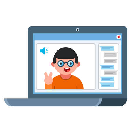 video link with a friend. online conversation with a man. flat illustration of laptop. chat communication. vector flat image.のイラスト素材