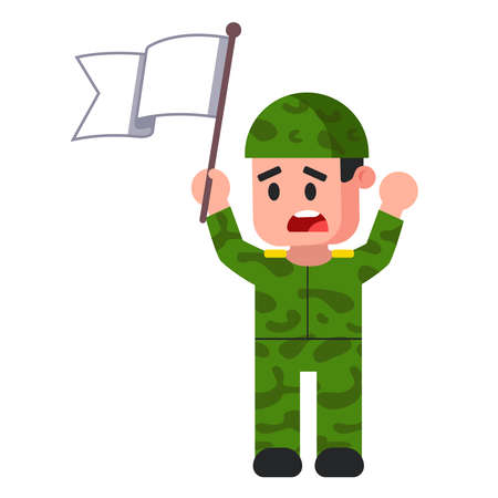 soldier with white flag. green camouflage form. surrender. flat vector illustration.のイラスト素材