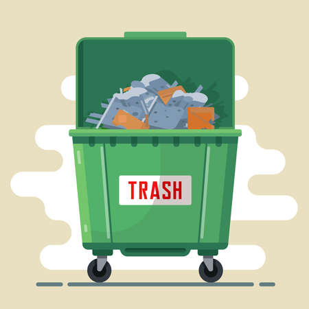 open green trash bin with trash inside. flat vector illustrationのイラスト素材