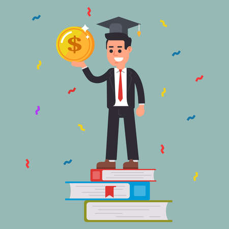 successful student with a coin in his hands. training. flat vector characterのイラスト素材