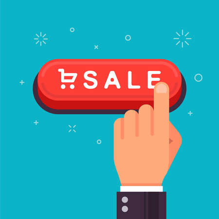red button for shopping. pressing a key with a hand. flat vector illustration.のイラスト素材