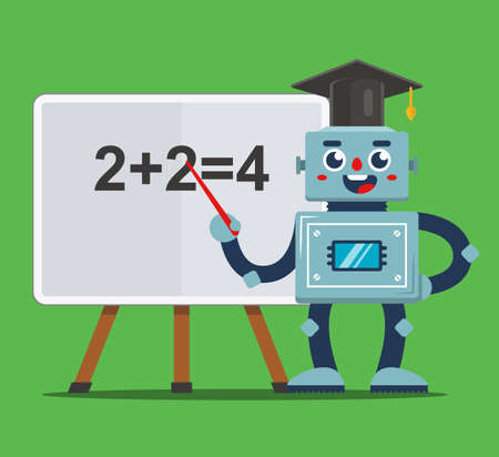 Robot teacher teaches children in the classroom. school of the future. flat vector illustration.のイラスト素材