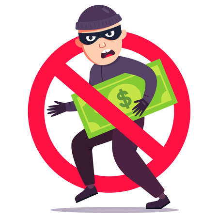 unsuccessful theft of money. crossed out burglar sign with dollar bill. flat vector illustration.のイラスト素材