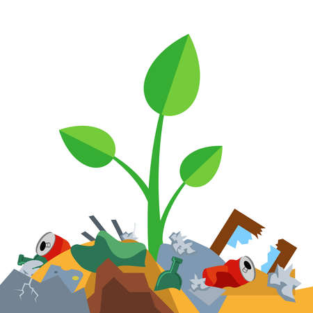 sprout grows on a pile of garbage. pollution of nature. Flat vector illustration.のイラスト素材