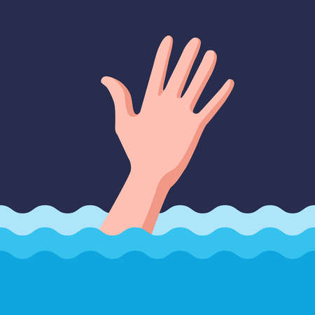 man is drowning. hand asks for help in the water. flat vector illustrationのイラスト素材