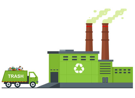 garbage processing plant. garbage truck rides with waste. flat vector illustration.のイラスト素材