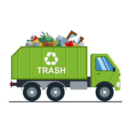 garbage truck with garbage goes to the landfill. waste recycling. vector dump truck isolated on white background.のイラスト素材
