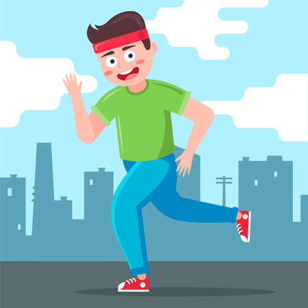 male runner runs against the backdrop of the city. Flat character vector illustration.のイラスト素材