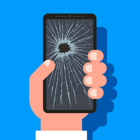 broken screen mobile phone. many cracks over the entire surface. flat vector illustrationのイラスト素材