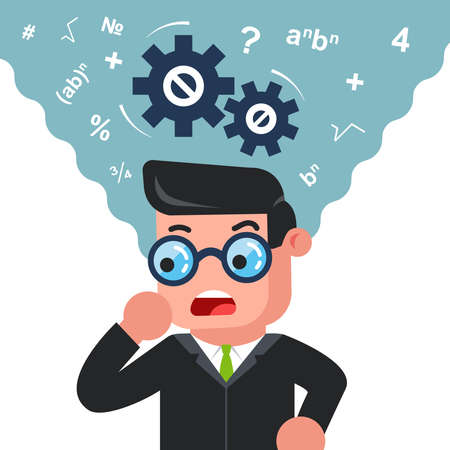 a man with glasses is thinking about solving a problem. mathematically mind. Flat character vector illustration.のイラスト素材
