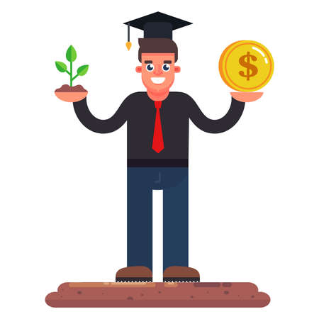 the man is engaged in gardening. businessman earns on plants. flat character vector illustrationのイラスト素材