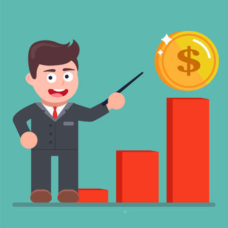 cash income growth charts. manager points to a chart. flat vector illustration.のイラスト素材