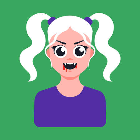 young blond vampire girl with blood on her lips and fangs. Flat character vector illustration.のイラスト素材