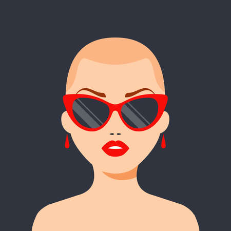fashionable bald girl with glasses and red lips. victory over cancer. Flat character vector illustration.のイラスト素材