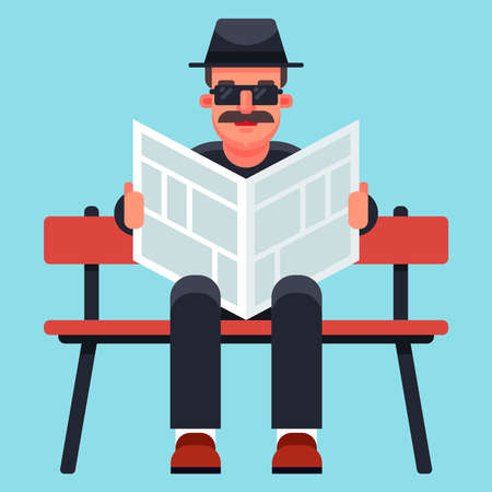 an old man in a hat is reading a newspaper. Private undercover agent undercover. Flat character vector illustration.のイラスト素材