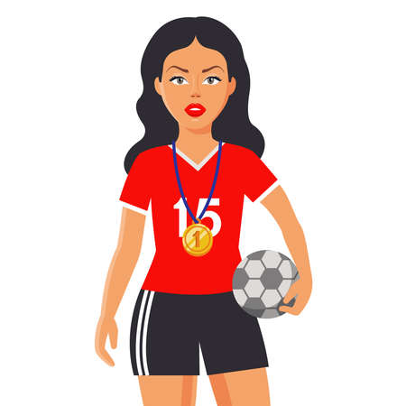 girl in a sports uniform holds a ball. a gold medal hangs on his chest. flat character vector illustrationのイラスト素材