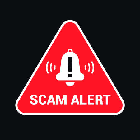 triangular red emblem caution scam. flat vector illustrationのイラスト素材