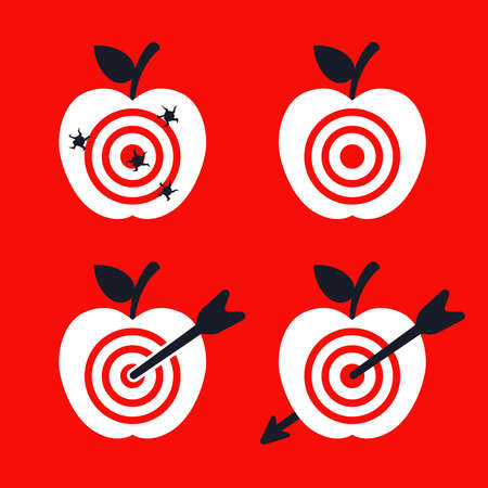 set of apples with a target. shoot right at the target. flat vector illustration.のイラスト素材