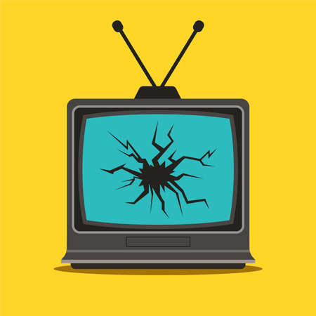 old tv with a crack in the monitor. flat vector illustration.のイラスト素材