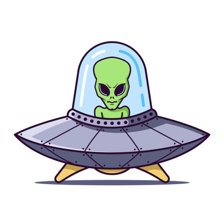 UFO with a green alien on a white background. Flat character vector illustration.
