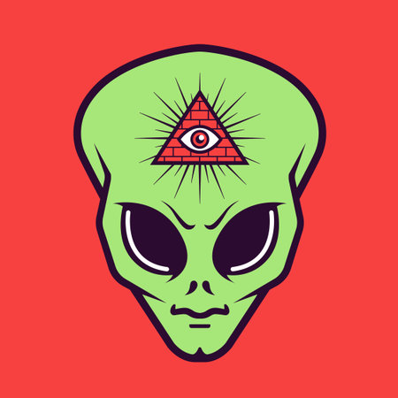 alien head with a Masonic triangle sign with an eye. secret society. Flat vector illustration.