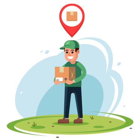 courier with a parcel in his hands. online mail location marker. Flat character vector illustration.のイラスト素材