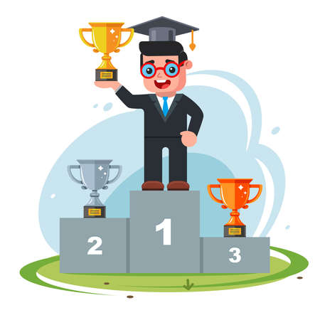 victory in a man competition. take first place on the podium of a wise guy with a hat and glasses. Flat character vector illustration.のイラスト素材