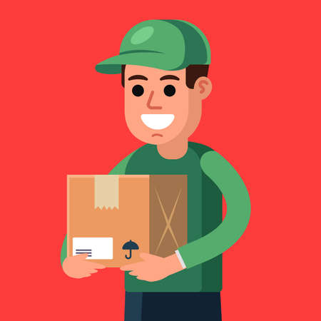 courier with a parcel in his hands. cargo delivery. Flat character vector illustration.のイラスト素材