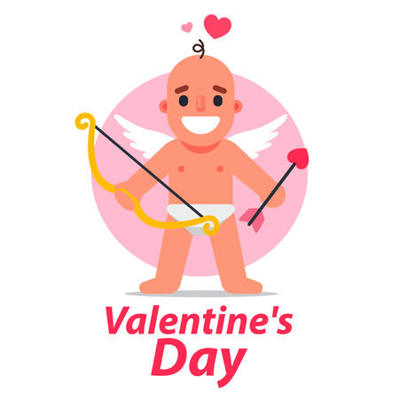 Cupid character with bow and arrow on a pink background. flat illustration.のイラスト素材