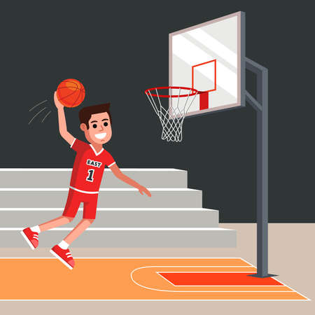 basketball player throws an orange ball into the basket. Flat character vector illustration.のイラスト素材