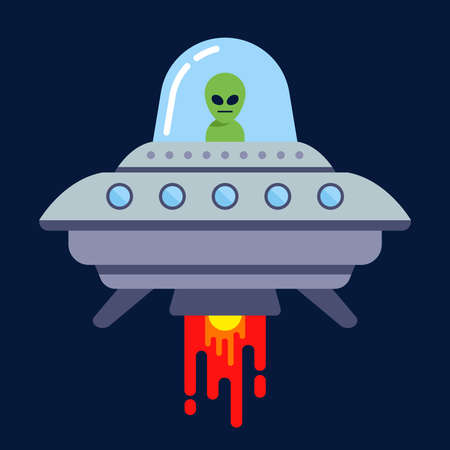 an alien flies on a flying saucer in the night. flat vector illustration.のイラスト素材