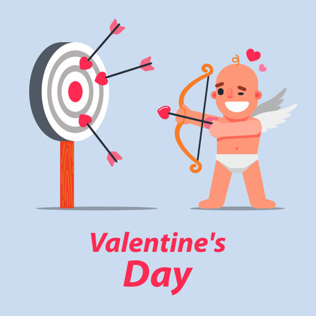 Cupid shoots at a target from a bow with love arrows. Flat character vector illustration.のイラスト素材