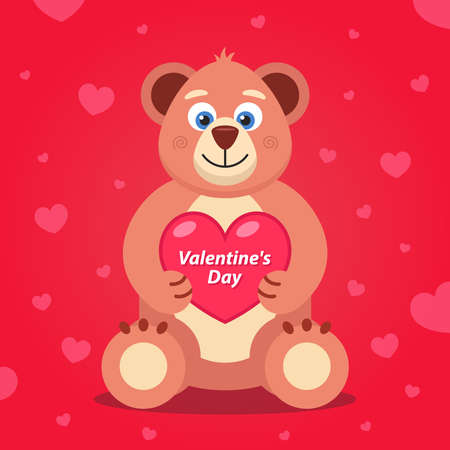 soft teddy bear with a heart in its paws. banner for valentines day. Flat character vector illustration.のイラスト素材