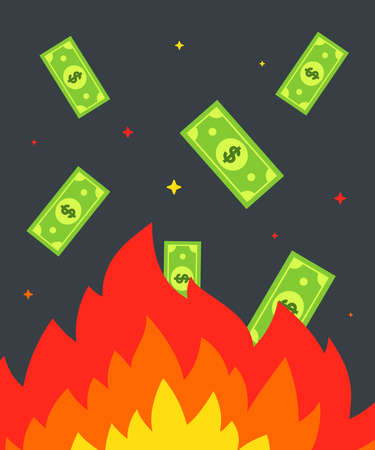burn money in a fire. banknotes fly into the fire. flat vector illustrationのイラスト素材