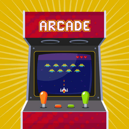 Retro arcade slot machine with pixel game. flat vector illustration.のイラスト素材