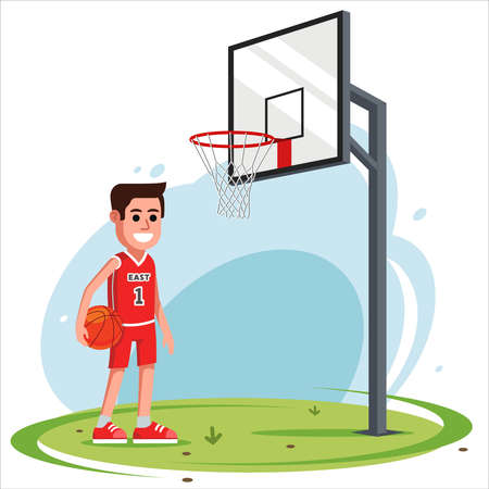 a man in the backyard plays basketball. equipment basketball hoop. flat vector illustration.のイラスト素材