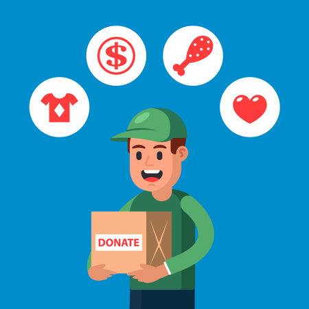 young man donates things to charity. raising funds for people in difficult times. Flat character vector illustration.のイラスト素材