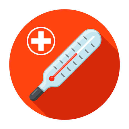 thermometer for measuring temperature to a person. icon on the red circle. flat vector illustrationのイラスト素材