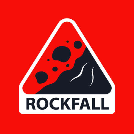 triangular rockfall sign on a red background. flat vector illustration.のイラスト素材