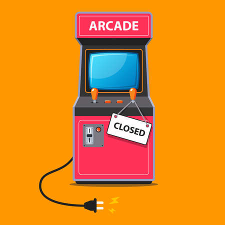 the arcade machine stopped working and a sign was closed on it. flat vector illustration.のイラスト素材