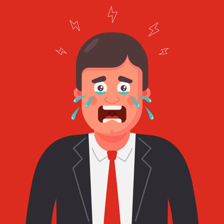a man in a suit and tie is crying. panic attack. Flat character vector illustration.のイラスト素材