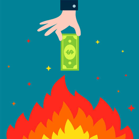 Hand holds dollar bill over bonfire. burning money. flat vector illustrationのイラスト素材