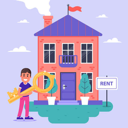 the landlord rents a brick house for rent. flat vector illustration.のイラスト素材