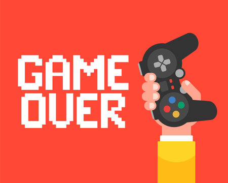 Game over poster with a hand that holds the joystick. flat vector illustration.
