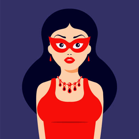 girl in evening dress and mask at a theme party. necklace on the neck. Flat character vector illustration.のイラスト素材