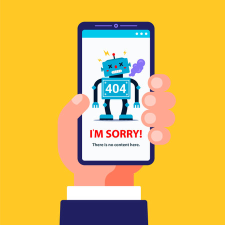 404 error on the mobile version of the site. hand holds a smartphone. illustration of a broken...
