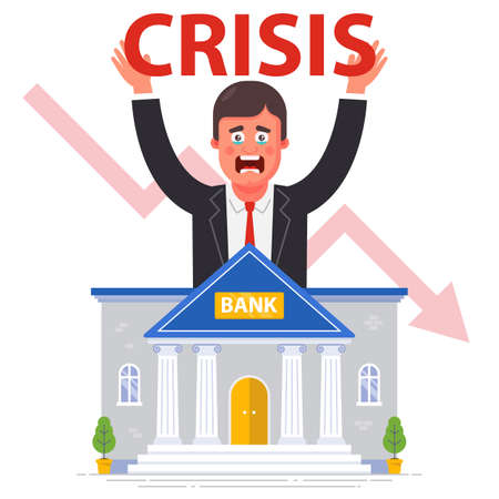 bank bankruptcy against the backdrop of the global financial crisis. flat vector illustration.のイラスト素材