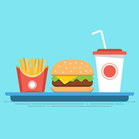 all-inclusive fast food on a tray. junk food. flat vector illustration.のイラスト素材