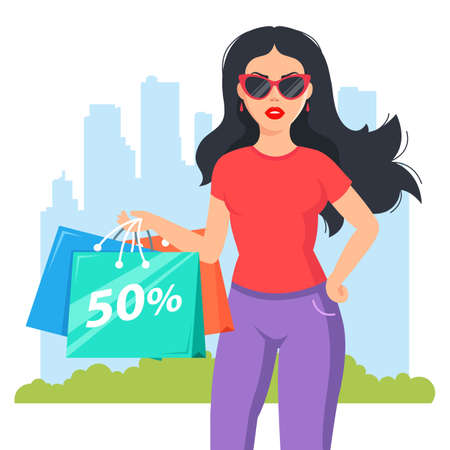 girl bought fashionable clothes. Attractive shopaholic with glasses. flat character vector illustrationのイラスト素材