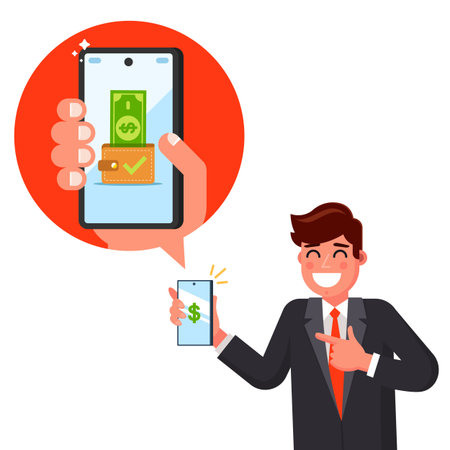 the man received a salary message on the phone. received money in the account. flat character vector illustrationのイラスト素材